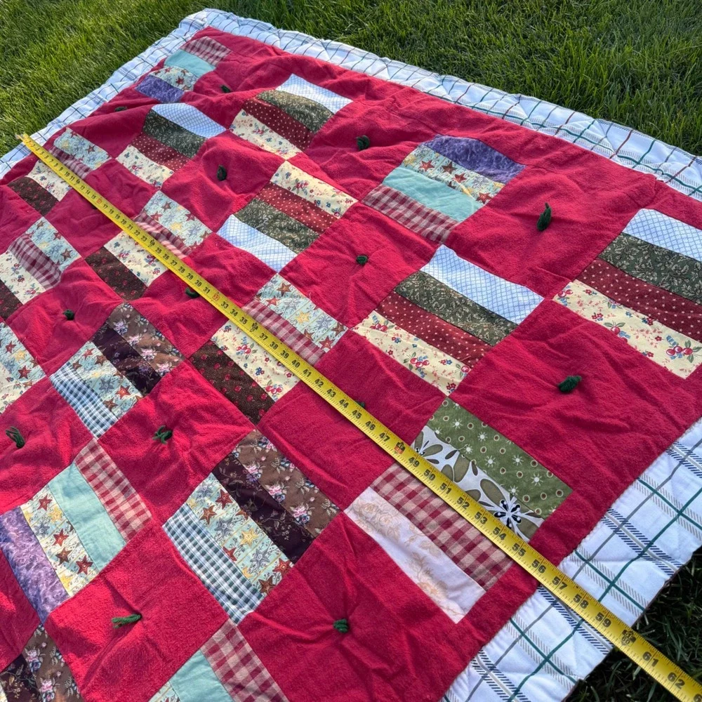 Handmade Patchwork Tied Quilt Red Plaid Floral Farmhouse Cottagecore 60x80 Throw